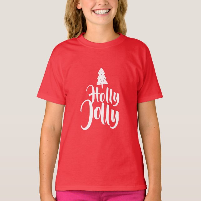 Camiseta Holly Jolly Navidad Roja y Blanca Feliz (Anverso)