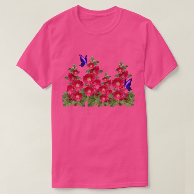 Camiseta Hollyhocks rosa Mariposa Cómoda Algodón T-Shi (Diseño del anverso)