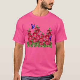 Camiseta Hollyhocks rosa Mariposa Cómoda Algodón T-Shi