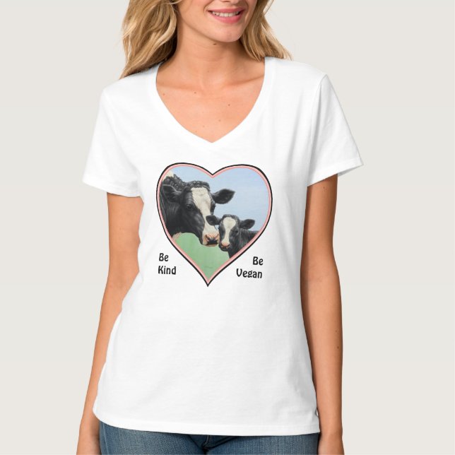 Camiseta Holstein Cow & Calf Pink Heart Vegan (Anverso)