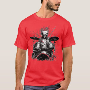 Camiseta Hombre Baterista Esqueleto Grupo de Rock and Roll 
