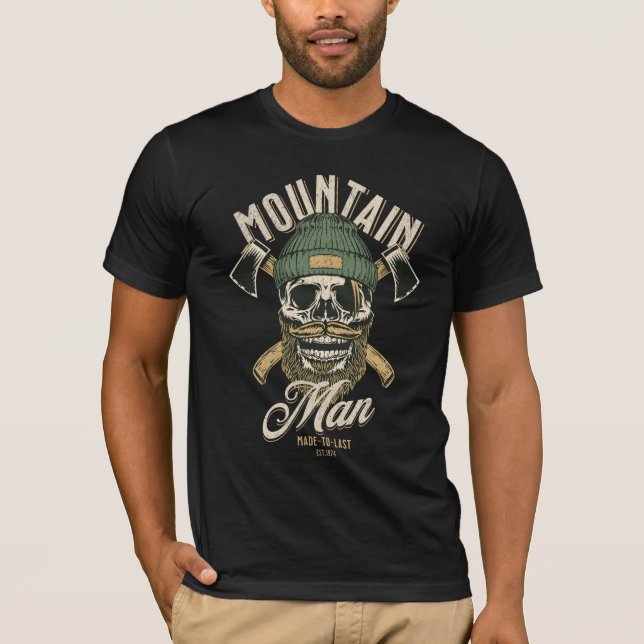 Camiseta Hombre de montaña; cráneo barbudo; hachas; amante  (Anverso)