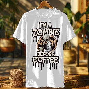 Camiseta Hombres Camisas   Zombie Antes Del Café -amante de