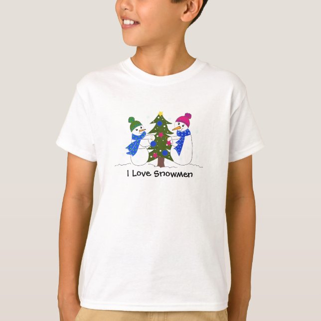 Camiseta Hombres de nieve decorando un árbol (Anverso)