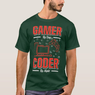 Camiseta Hombres Gamer Por Día Coder Por Noche Funny Progra