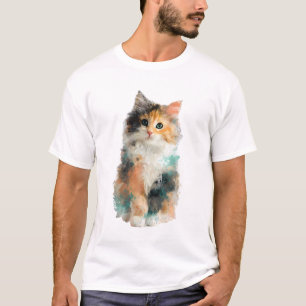 Camiseta Hombres Gato Calico Esponjoso Salpicadura de Acuar