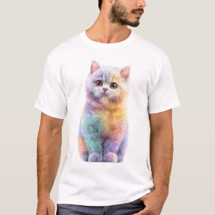 Camiseta Hombres Gato Esponjoso Acuarela Pastel Arcoíris