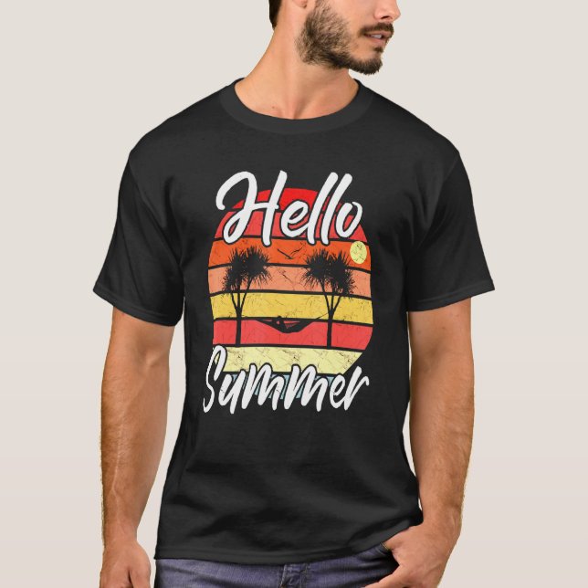 Camiseta Hombres Hola verano - Palmeras Hammock Retro Sunse (Anverso)