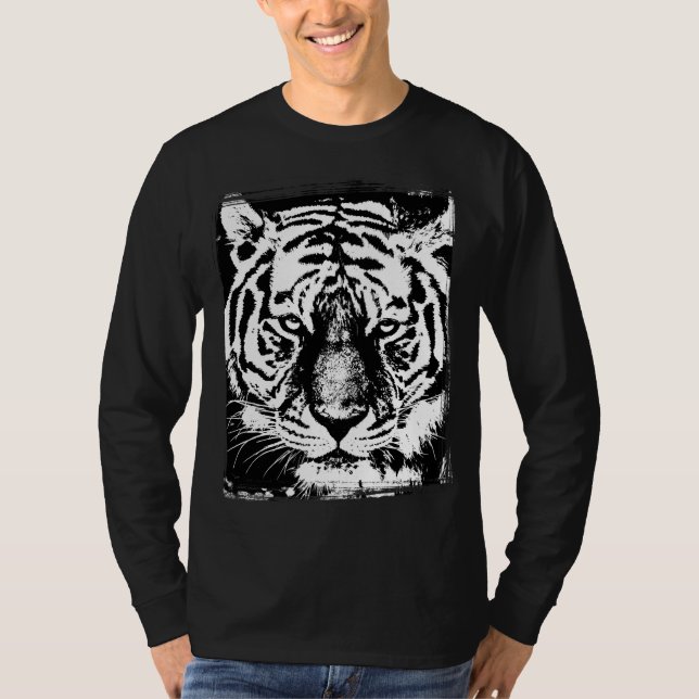 Camiseta Hombres Moderno Trendy Larga Manga Tigre Cara Negr (Anverso)