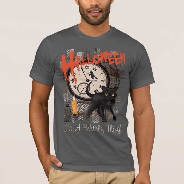 CAMISETA HOMBRES NEGROS DEL CAT DE LAS BRUJAS DE HALLOWEEN (Anverso)
