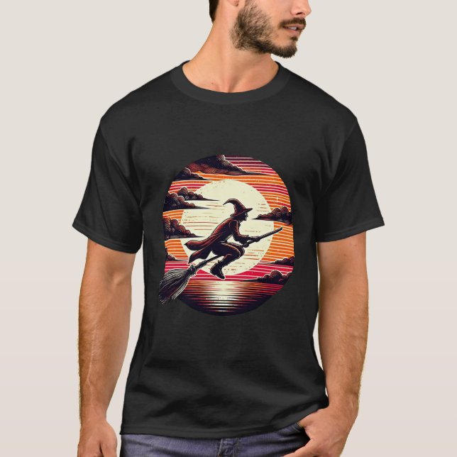 Camiseta Hombres Witch equitación Broom in sunset art ilust (Anverso)