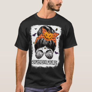 Camiseta Homeschool Mom Messy Bun Spooky Pumpkin Bat Naranj