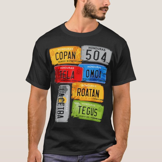 Camiseta Honduras, placas de autos turistas, Copan, Tela, O (Anverso)