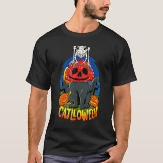 Camiseta Hongo de Catlloween Calavera Gato Negro Calabaza d