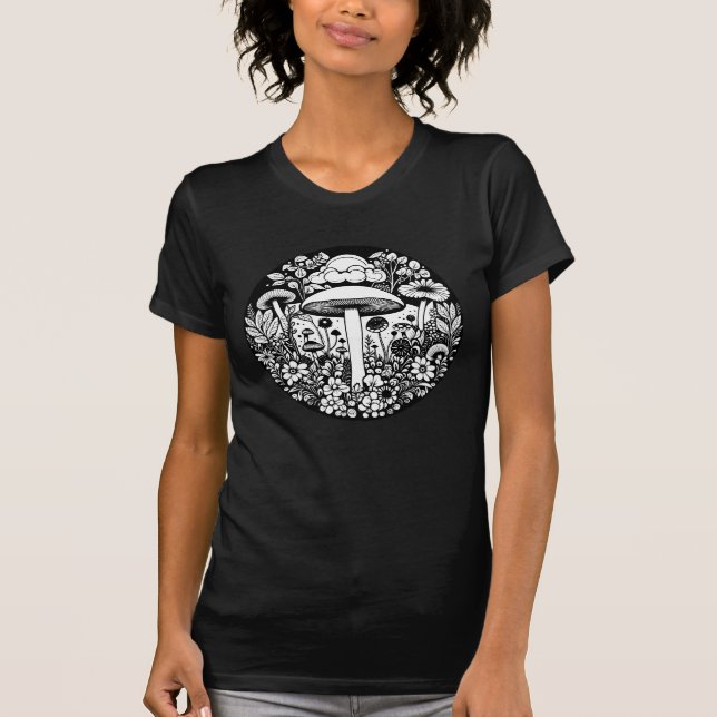 Camiseta Hongos y flores retro negros y blancos (Anverso)