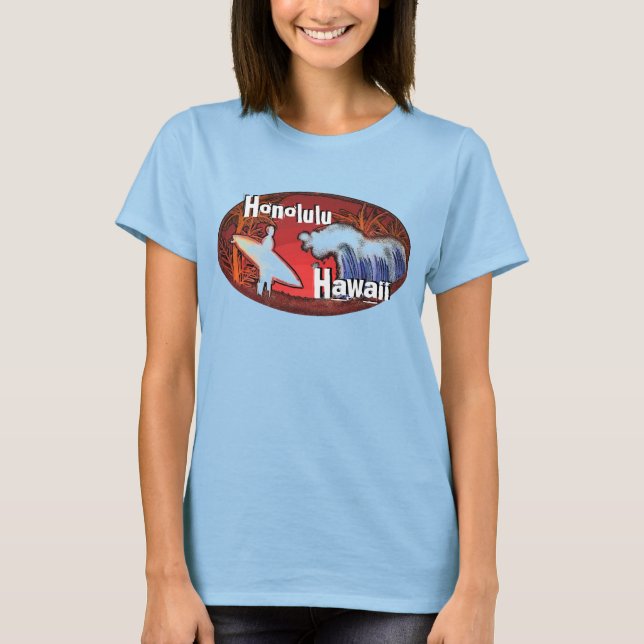 Camiseta Honolulu Hawaii damas surfer waves art tee rojo (Anverso)