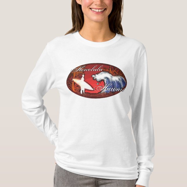 Camiseta Honolulu Hawaii olas de surf arte señoras de casa (Anverso)