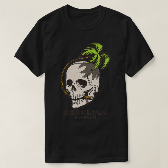 Camiseta Honolulu Hawaii Palm Fronds Skull (Diseño del anverso)