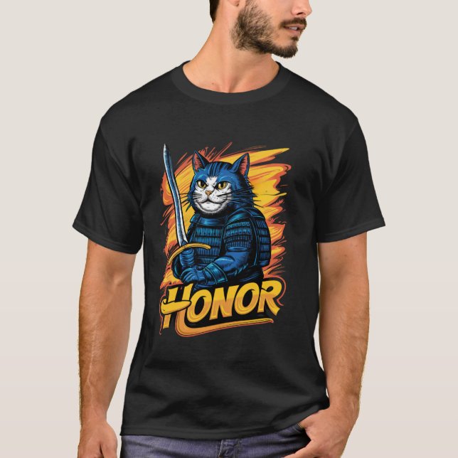 Camiseta Honor Gráfico de Gato Samurái (Anverso)