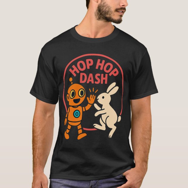 Camiseta Hop Hop Dash – Cute Orange Robot and White Rabbit (Anverso)