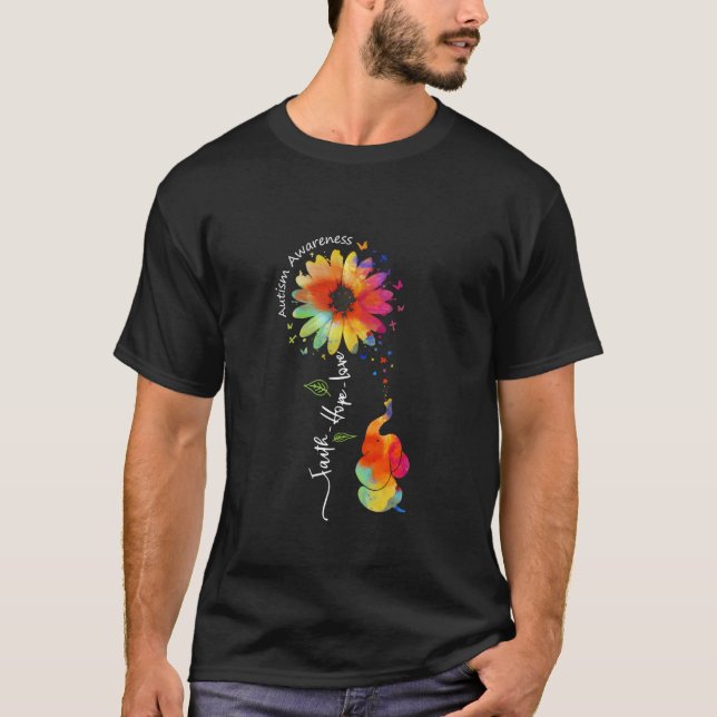Camiseta Hope Faith Love Autism Awareness Cute Elephant Sun (Anverso)
