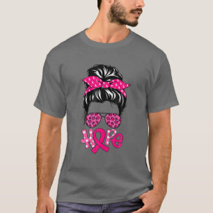 Camiseta Hope Messy Bun Leopard Pink Ribbon Cáncer de Mama 