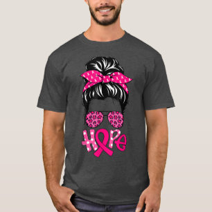 Camiseta Hope Messy Bun Leopard Pink Ribbon Cáncer de Mama