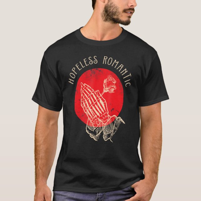 Camiseta Hopeless Romantic, Praying Hands Rose Skeleton Val (Anverso)