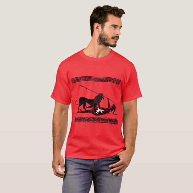 Camiseta Hoplit y león (negro en rojo) (Anverso completo)