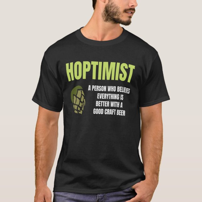 Camiseta Hoptimist Graphic Green Hop Humour Craft Brew Fun (Anverso)