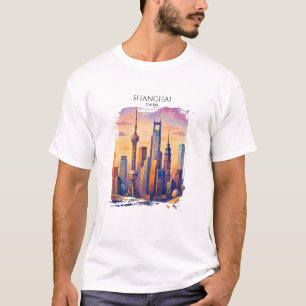Camiseta Horizonte de Shanghái Viaje a China Acuarela