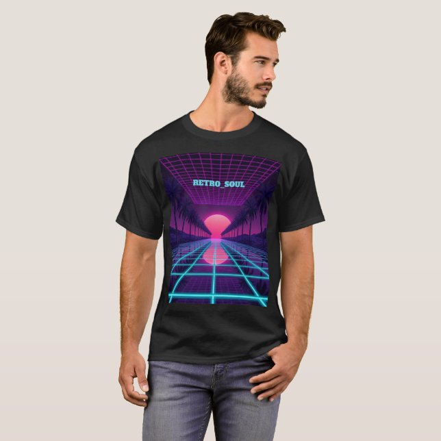 Camiseta Horizonte de Synthwave de Neón - Cuadrícula Cyberp (Anverso completo)