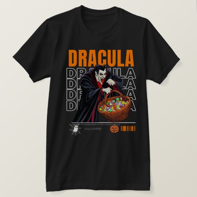 Camiseta Horror de Halloween 2024, Drácula recoge dulces (Anverso del diseño)