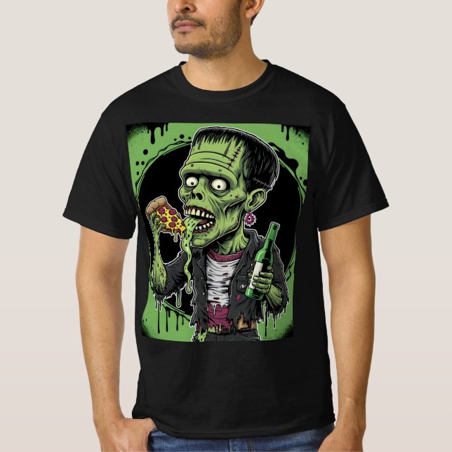 Camiseta Horror Halloween Zombie: Pizza Frankenstein Horror (Anverso)