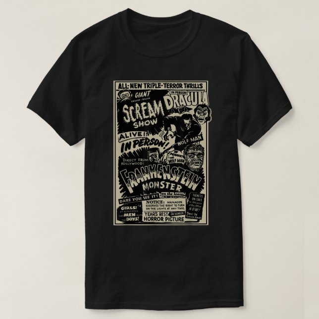 Camiseta Horror Movie Monsters Mummy Wolfman Dracula Franke (Diseño del anverso)