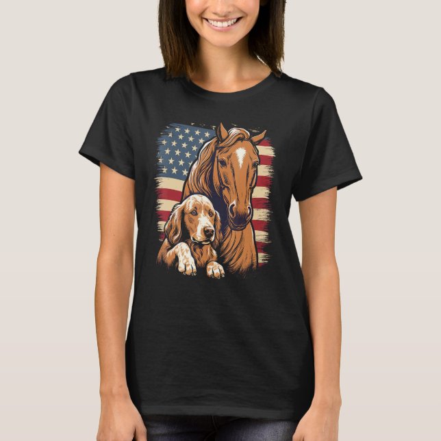 Camiseta Horse and Dog With USA Flag Horseback Riding Eques (Anverso)
