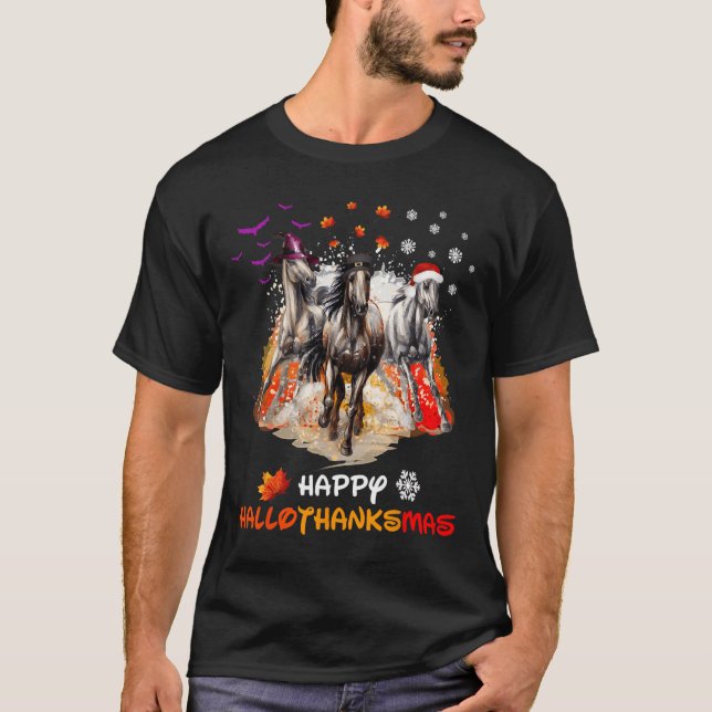 Camiseta Horse Halloween And Merry Christmas Happy Hallotha (Anverso)