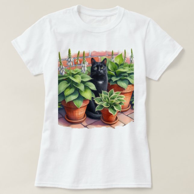 Camiseta Hosta Garden y la acuarela de gato negro (Diseño del anverso)
