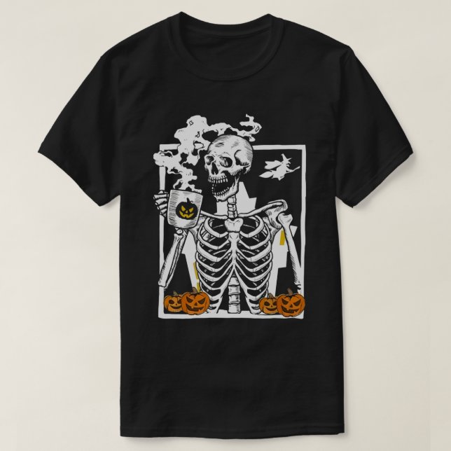 Camiseta Hot Coffee Skeleton Drinking Funny Halloween Skull (Diseño del anverso)
