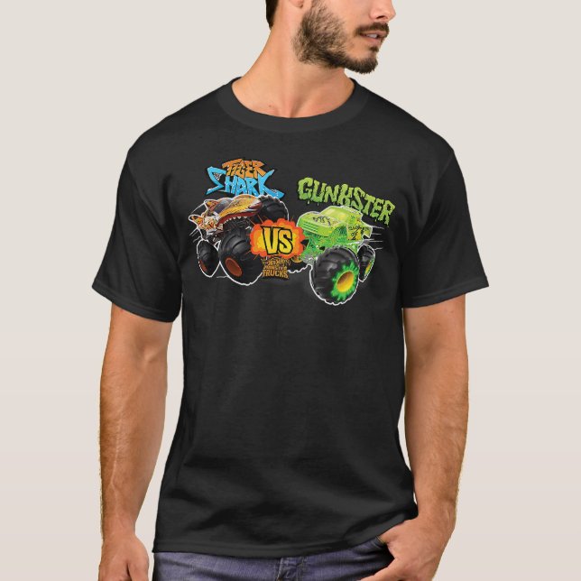 Camiseta Hot Wheels Monster Trucks - Tiger Shark vs Gunkste (Anverso)