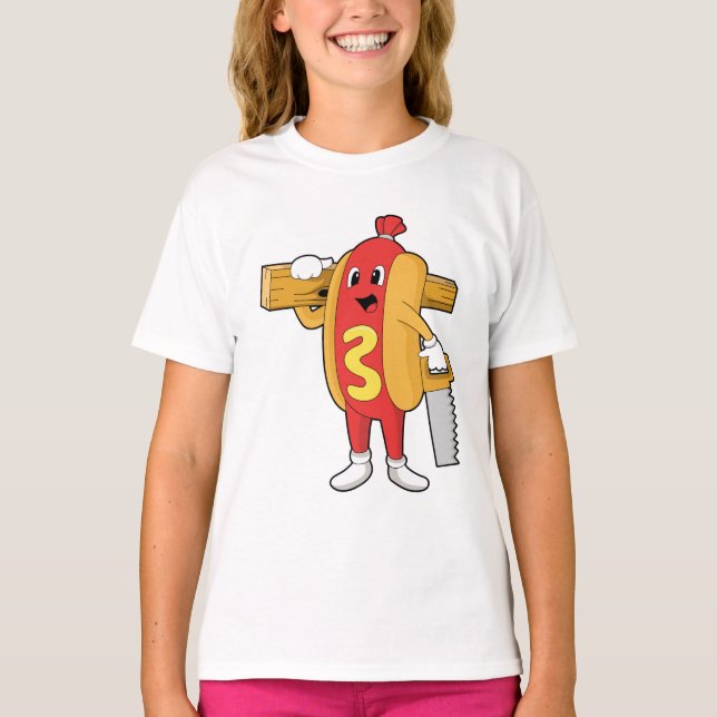 Camiseta Hotdog como Carpintero con Saw y Wood (Anverso)
