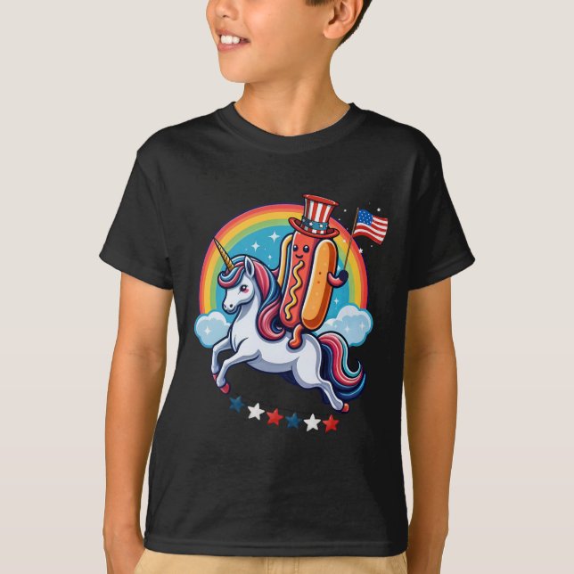 Camiseta Hotdog Patriótico Riding Unicorn 4 De Julio Estado (Anverso)