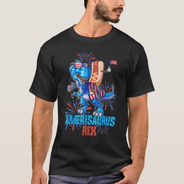 Camiseta Hotdog Rex Dinosaur 4th of July Amerisaurus (Anverso)