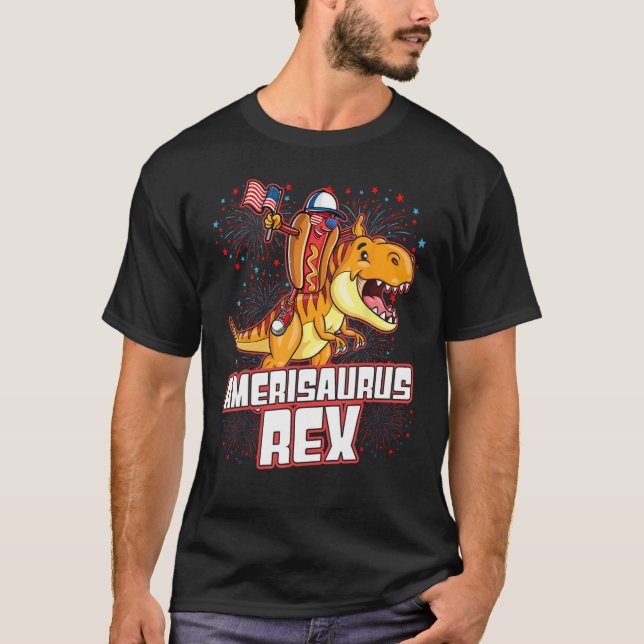 Camiseta Hotdog Rex Dinosaur 4th of July Amerisaurus   (Anverso)