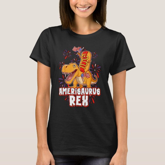 Camiseta Hotdog Rex Dinosaur 4th of July Amerisaurus (Anverso)