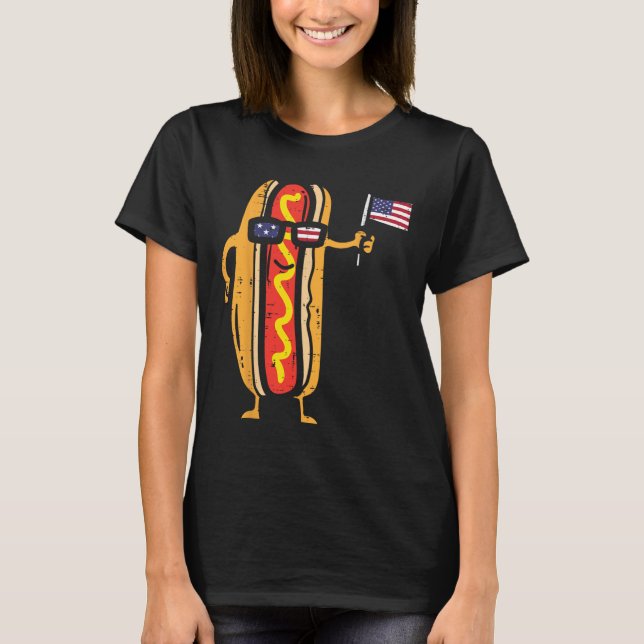 Camiseta Hotdog Sungles Bandera Estadounidense Usa Gracioso (Anverso)