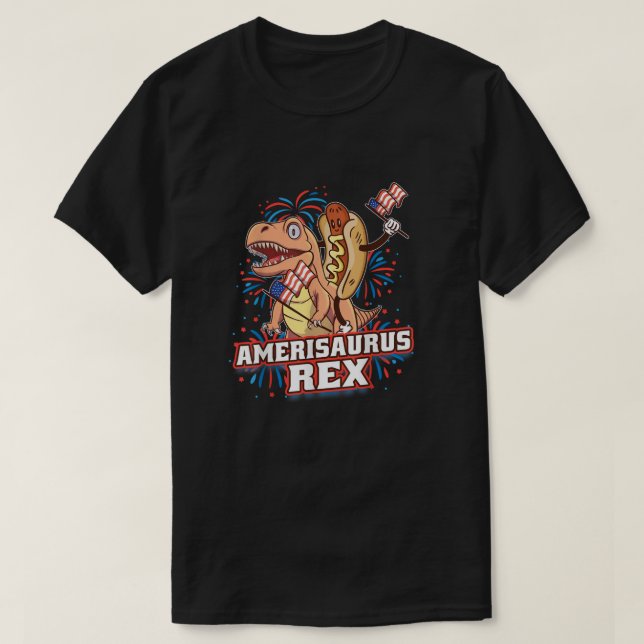Camiseta Hotdog T Rex Dinosaur 4 de Julio Amerisaurus Funn (Diseño del anverso)