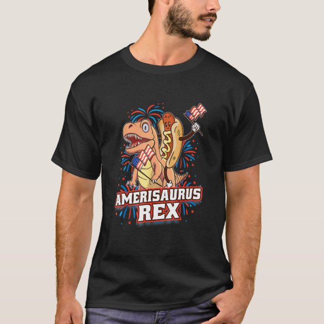 Camiseta Hotdog T Rex Dinosaur 4th of July Amerisaurus Funn (Anverso)