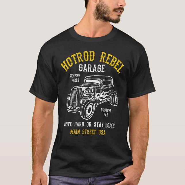 Camiseta Hotrod Rebel Automotive Nostalgia Old Car Distress (Anverso)