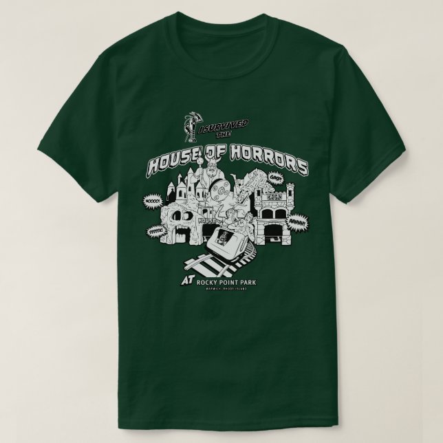 Camiseta House of Horrors Rocky Point Warwick RI BW (Diseño del anverso)